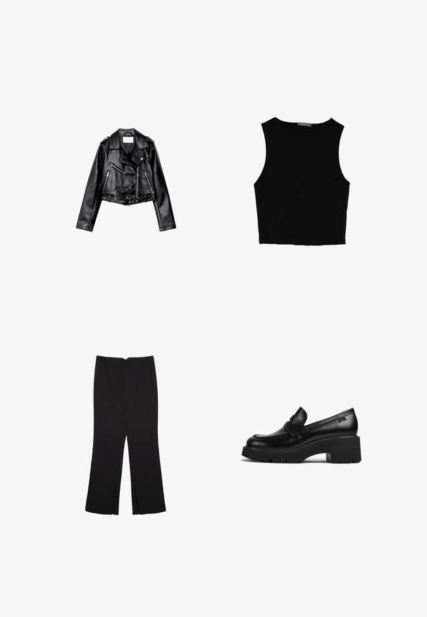 Sort cropped læderbikerjakke med asymmetrisk frontlynlås, trykknapper og fire lynlåse. Har et justerbart bælte i taljen.; Sort ærmeløs crop top lavet af glat stof, med rund hals og et rent, enkelt design uden mønstre eller hardware.; Sorte bukser med lige pasform, der har frontlommer og slidser i kanten. Lavet af blødt, glat stof. Velegnet til forskellige anledninger.; Sorte læder loafers med chunky hæl, tyk sål og en remdetalje henover, vist fra siden på en hvid baggrund.