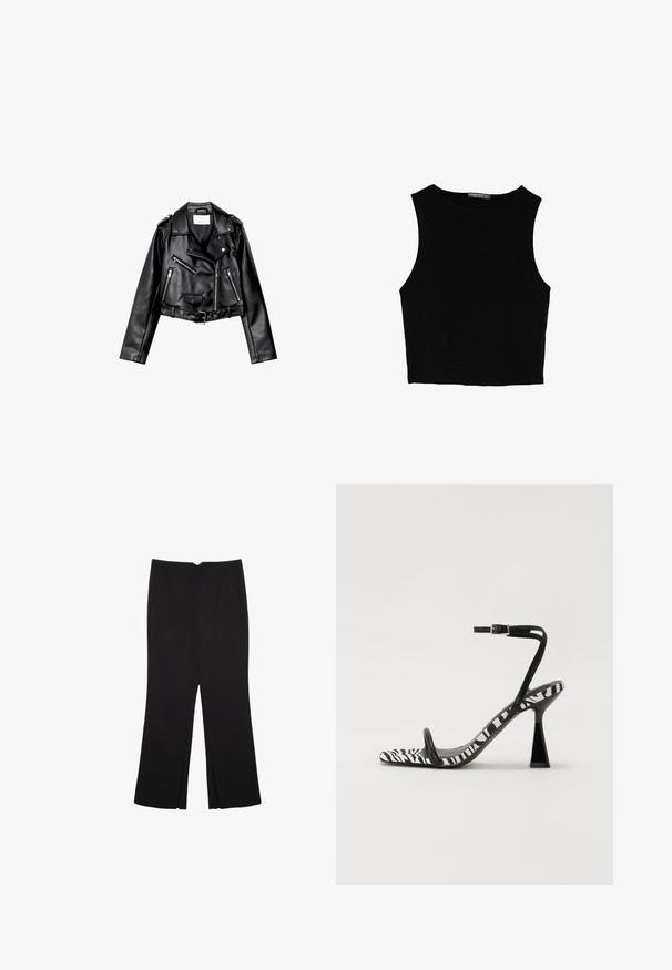 Czarna, krótka skórzana kurtka motocyklowa z asymetrycznym zamkiem błyskawicznym z przodu, zatrzaskami i czterema zamkami. Posiada regulowany pasek w talii.; Czarny bezrękawnik crop top z gładkiego materiału, z okrągłym dekoltem i czystym, prostym wzornictwem, bez wzorów czy metalowych elementów.; Czarne spodnie o prostym kroju, z przednimi kieszeniami i bocznymi rozcięciami na dole. Wykonane z miękkiego, gładkiego materiału. Odpowiednie na różne okazje.; Czarno-biała sandał na obcasie w paski zebry, z otwartym palcem, smukłym paskiem na kostkę i geometrycznym klockowym obcasem. Gładka tekstura.
