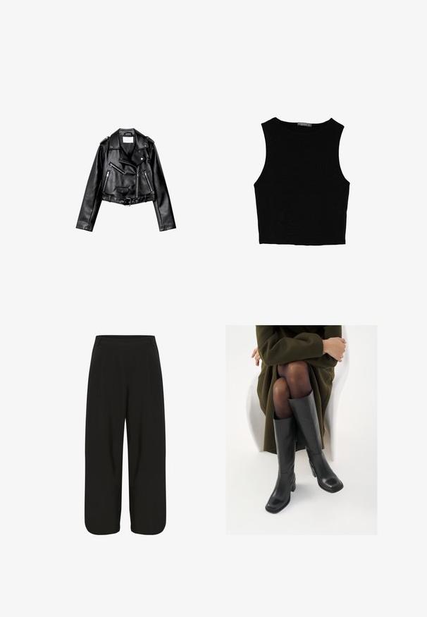 Czarna, krótka skórzana kurtka motocyklowa z asymetrycznym zamkiem błyskawicznym z przodu, zatrzaskami i czterema zamkami. Posiada regulowany pasek w talii.; Czarny bezrękawnik crop top z gładkiego materiału, z okrągłym dekoltem i czystym, prostym wzornictwem, bez wzorów czy metalowych elementów.; Czarne spodnie o szerokich nogawkach z gładkiego materiału, z fałdami z przodu i prostym dołem. Minimalne detale metalowe.; Kozaki skórzane do kolan w kolorze czarnym, z kwadratowym noskiem i słupkowym obcasem, pokazane na modelce siedzącej w oliwkowej zielonej kurtce. Gładka tekstura, minimalne detale.