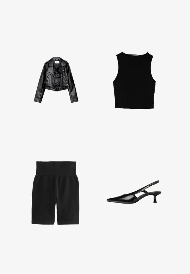 Črna usnjena motoristična jakna s krojem do pasu, z asimetričnim sprednjim zadrgo, sponkami in štirimi zadrgami. Ima nastavljiv pas na v pasu.; Črn brez rokavov crop top, izdelan iz gladkega materiala, z okroglim izrezom in čistim, preprostim dizajnom brez vzorcev ali dodatkov.; Črne rebraste kratke hlače z širokim elastičnim pasom, gladko teksturo in prilegajočim dizajnom. Material je raztegljiv za lažje gibanje.; Črne patentični usnjeni salonarji s slingback designom, z zašiljenim nosom, izrezanim stranskim dizajnom in majhnim kvadratnim peto. Gladka tekstura z minimalnimi detajli.