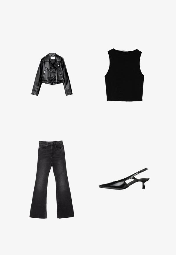 Černá zkrácená kožená motorkářská bunda s asymetrickým předním zipem, patentkami a čtyřmi zipy. Obsahuje nastavitelné pásmo v pase.; Černý bezsleeve crop top vyrobený z hladké tkaniny, s kulatým výstřihem a čistým, jednoduchým designem bez vzorů nebo kovových doplňků.; Rozšířené černé džíny z denimu s surovým lemem, s pětipocketovým designem a zapínáním na knoflík. Vyrobené z pevné, strukturované tkaniny.; Černé lakované lodičky na podpatku se špičatou špičkou, výřezovým designem na boku a malým čtvercovým podpatkem. Hladká textura s minimálními akcenty.