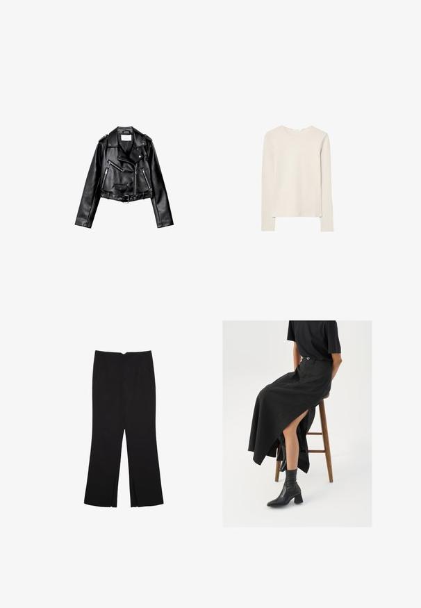 Czarna, krótka skórzana kurtka motocyklowa z asymetrycznym zamkiem błyskawicznym z przodu, zatrzaskami i czterema zamkami. Posiada regulowany pasek w talii.; Jasno beżowa bluzka z długim rękawem, wykonana z miękkiego materiału, z okrągłym dekoltem i luźnym krojem, prostym dołem oraz minimalnym detalem szwów.; Czarne spodnie o prostym kroju, z przednimi kieszeniami i bocznymi rozcięciami na dole. Wykonane z miękkiego, gładkiego materiału. Odpowiednie na różne okazje.; Czarna lniana spódnica maxi z wysokim rozcięciem, noszona z czarnym t-shirtem i czarnymi botkami sięgającymi kostek. Minimalistyczny design z luźnym krojem.