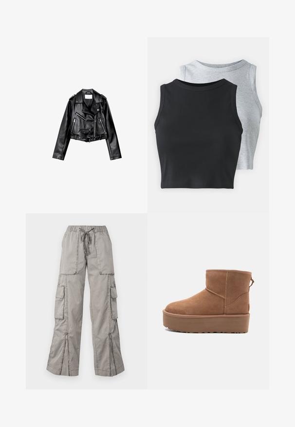 Mustat lyhythihaiset nahkatakit, joissa on epäsymmetrinen etuvetoketju, napit ja neljä vetoketjua. Varustettu säädettävällä vyöllä vyötäröllä.; Even&Odd Petite 2 PACK - Toppi - light grey/black; Vaaleanharmaat cargo-housut, joissa on joustava vyötärö, säädettävä nauha, useita sivutaskuja ja vetoketjulliset lahkeet. Valmistettu pehmeästä ja kevyestä kankaasta.; Tan suede nilonini kidogo chukua na sahani ya jukwaa, mguu wenye umbo la duara, na mapambo ya kushona; inajumuisha kipande cha kubana nyuma kwa kuvaa kwa urahisi.