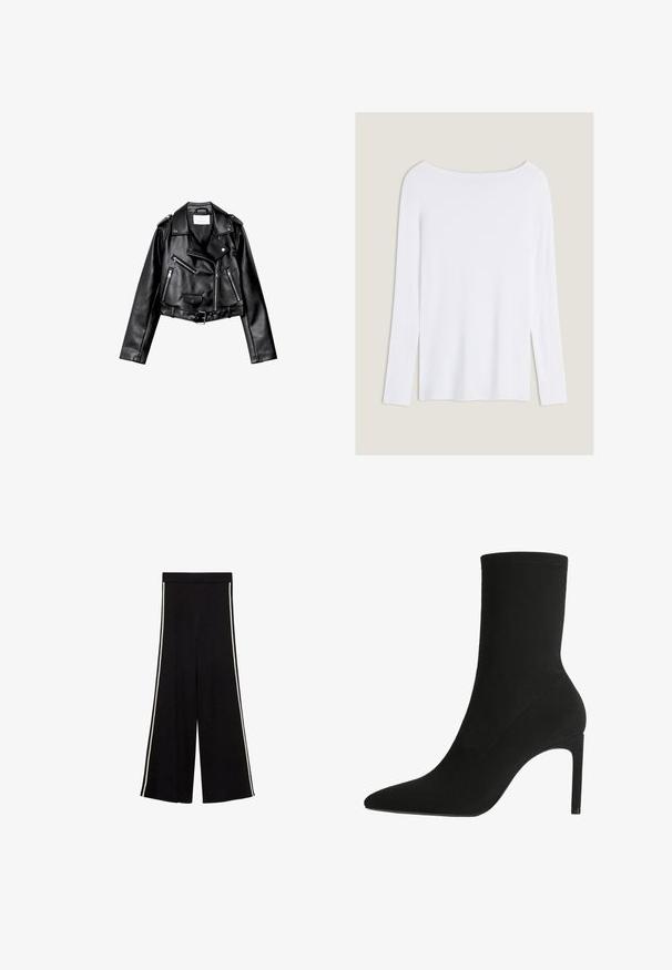 Svart kort läder motorcykeljacka med asymmetrisk frontdragkedja, tryckknappar och fyra dragkedjor. Har ett justerbart bälte i midjan.; Vit långärmad topp med bred halsringning, sidoklipp och ett mjukt, lätt tyg som har en enkel, minimalistisk design.; Svarta vida byxor med en slät textur, med vita sidostreck. Hög midja, utan synlig hårdvara eller dekorationer.; Svarta ankelboots tillverkade av mjuk mocka, med spetsig tå och hög stilettklack. Minimalistisk design utan synlig hårdvara eller mönster.