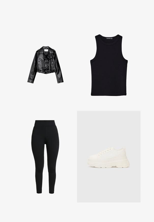 Crna skratena kožna moto jakna s asimetričnim prednjim zatvaračem, s gumbima na dugmad i četiri patentna zatvarača. Sadrži podesivi pojas u struku.; Crni top bez rukava od pamuka, s okruglim izrezom i širokim izrezima za ruke. Glatka tekstura s ušivenim rubovima. Klasičan, minimalistički dizajn.; Crne tajice napravljene od rastezljivog materijala, s visokim strukom, prilagođenim dizajnom i glatkom teksturom bez vidljivih šavova ili detalja.; Bijela platnena tenisica s debelim potplatom, zaobljenim vrhom i pet rupica za vezice. Stražnji tab za jednostavno obuvanje. Glatka tekstura, minimalistički dizajn.