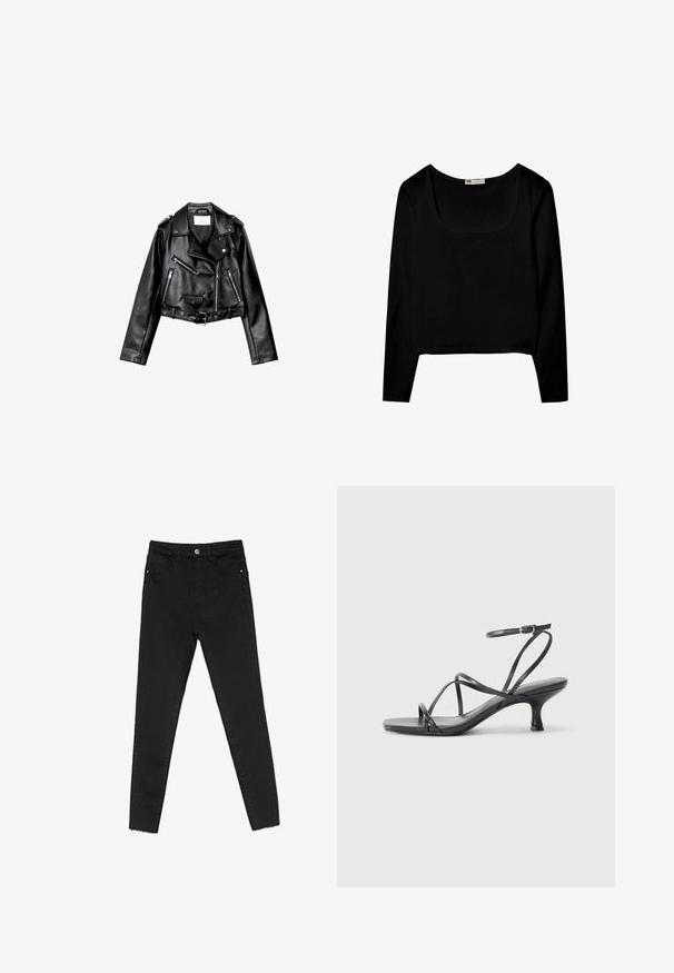 Czarna, krótka skórzana kurtka motocyklowa z asymetrycznym zamkiem błyskawicznym z przodu, zatrzaskami i czterema zamkami. Posiada regulowany pasek w talii.; Czarna bluzka z długim rękawem o kwadratowym dekolcie, wykonana z gładkiego materiału, z krótkim pasa i bez dodatkowych wzorów czy ozdób.; Czarne skinny jeans wykonane z denimu, z wysokim stanem, pięciokieszeniowym wzorem i surowym wykończeniem na kostkach. Klasyczne zapięcie na guzik i zamek błyskawiczny.; Czarne sandały na obcasie z cienkimi paskami, otwartą częścią palcową i małym, rozszerzonym obcasem. Materiał wydaje się gładki i błyszczący.