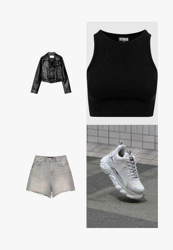 Veste de biker en cuir noir, courte, avec fermeture éclair frontale asymétrique, boutons à pression et quatre zips. Caractéristiques d'une ceinture ajustable à la taille.; Top court côtelé noir avec un col rond et sans manches. Fabriqué en tissu extensible et texturé. Étiquette mentionne "Urban Classics."; Shorts en denim gris avec une taille haute, un ourlet effiloché, un léger effet usé et un design classique à cinq poches.; Sneaker blanc en matériaux mesh et cuir, bout arrondi, semelle épaisse, lacets proéminents et marqué au talon et sur la languette.