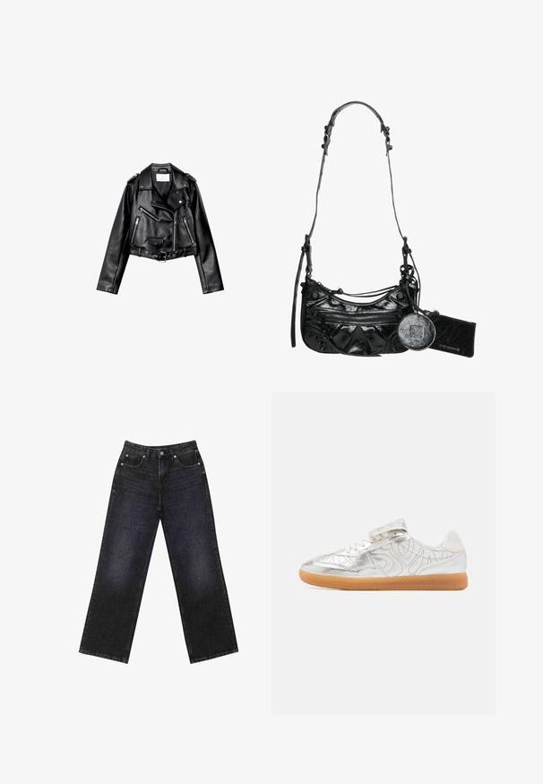 Giacca da moto nera in pelle cropped con zip frontale asimmetrica, bottoni a pressione e quattro zip. Presenta una cintura regolabile in vita.; Canotta bianca, texture a coste, scollatura rotonda, design senza maniche, forma aderente, branding sottile sull'etichetta all'interno dell'area del colletto.; Jeans in denim neri a vita alta con un taglio a gamba larga, design a cinque tasche e cuciture visibili. Il tessuto ha una finitura liscia e leggermente tessurizzata.; Sneaker metallizzato argento con una finitura liscia, dettagli testurizzati e una suola in gomma naturale. Presenta lacci e una fascia in Velcro per la chiusura.; Borsa a tracolla in pelle sintetica nera con design curvo, tasca anteriore con zip e hardware decorativo, completa di una pochette rotonda staccabile per le monete.