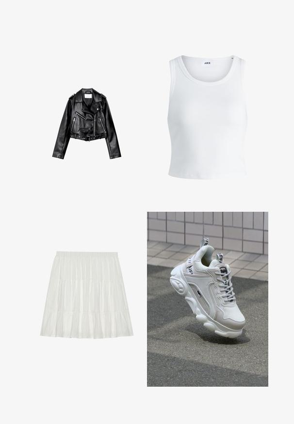 Črna usnjena motoristična jakna s krojem do pasu, z asimetričnim sprednjim zadrgo, sponkami in štirimi zadrgami. Ima nastavljiv pas na v pasu.; Bela rebrasta majica brez rokavov z okroglim izrezom in krajšo dolžino. Oznaka navaja "JJXX." Gladka tekstura tkanine.; Bela, večplastna krila z teksturiranim finišem. Ima elastičen pas in plasteh naborkov, kar ustvarja lahkotno silhueto.; Bela superga z mrežastim in usnjenim materialom, zaobljenim nosom, debelim podplatom, opaznimi vezalkami ter blagovno znamko na peti in jeziku.