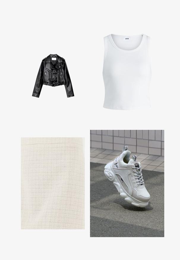 Veste de biker en cuir noir, courte, avec fermeture éclair frontale asymétrique, boutons à pression et quatre zips. Caractéristiques d'une ceinture ajustable à la taille.; Débardeur blanc côtelé avec un col rond, sans manches et d'une longueur cropped. L'étiquette indique "JJXX". Texture du tissu lisse.; Gros plan d'un tissu tissé couleur crème avec un motif de grille subtil et des fils texturés.; Sneaker blanc en matériaux mesh et cuir, bout arrondi, semelle épaisse, lacets proéminents et marqué au talon et sur la languette.