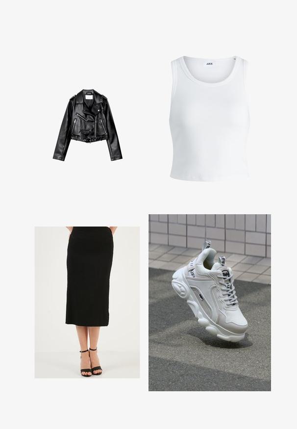 Schwarze, kurze Leder-Bikerjacke mit asymmetrischem Frontreißverschluss, Druckknöpfen und vier Reißverschlüssen. Mit einem verstellbaren Gürtel in der Taille.; Weißes, geripptes Tanktop mit rundem Halsausschnitt, ärmellosem Design und kurzer Länge. Das Etikett trägt die Aufschrift "JJXX". Glatte Stoffstruktur.; Schwarzer Midirock aus strukturiertem Stoff mit einem glatten Bund. Kombiniert mit schwarzen, schmalen Absatzsandalen, die über ein dünnes Knöchelband verfügen.; Weißer Sneaker aus Mesh- und Ledermaterialien, mit rundem Zehenbereich, dicker Sohle, auffälligen Schnürsenkeln sowie Branding an der Ferse und der Zunge.