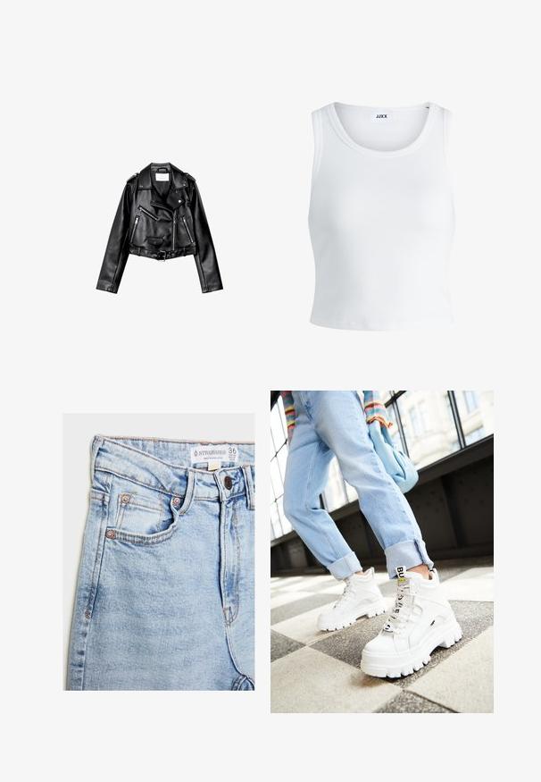 Veste de biker en cuir noir, courte, avec fermeture éclair frontale asymétrique, boutons à pression et quatre zips. Caractéristiques d'une ceinture ajustable à la taille.; Débardeur blanc côtelé avec un col rond, sans manches et d'une longueur cropped. L'étiquette indique "JJXX". Texture du tissu lisse.; Jean en denim bleu clair à taille haute, avec cinq poches, des accessoires en cuivre, et une légère décoloration, arborant une étiquette au niveau de la ceinture.; Baskets blanches épaisses avec semelles massives, lacées à l'avant et étiquette de marque. Portées avec un jean bleu clair retroussé sur un sol à motifs.