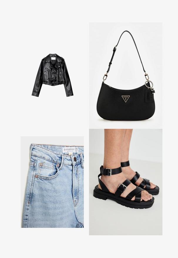 Czarna, krótka skórzana kurtka motocyklowa z asymetrycznym zamkiem błyskawicznym z przodu, zatrzaskami i czterema zamkami. Posiada regulowany pasek w talii.; Biały prążkowany top na ramiączkach z okrągłym dekoltem, bez rękawów i skróconej długości. Metka z napisem "JJXX." Gładka faktura materiału.; Jasnoniebieskie dżinsy o wysokim stanie, z pięcioma kieszeniami, miedziowanymi detalami i subtelnym wyblaknięciem, z metką na pasku.; Czarne skórzane sandały z szerokimi paskami i zapięciem na kostkę. Masywna podeszwa z teksturowanym wykończeniem. Otwarty przód dla lepszej wentylacji.; Czarna syntetyczna torba na ramię o zaokrąglonym kształcie, z teksturowanym wykończeniem, złotym logo w kształcie trójkąta i odczepianymi akcentami ze sprzętu.