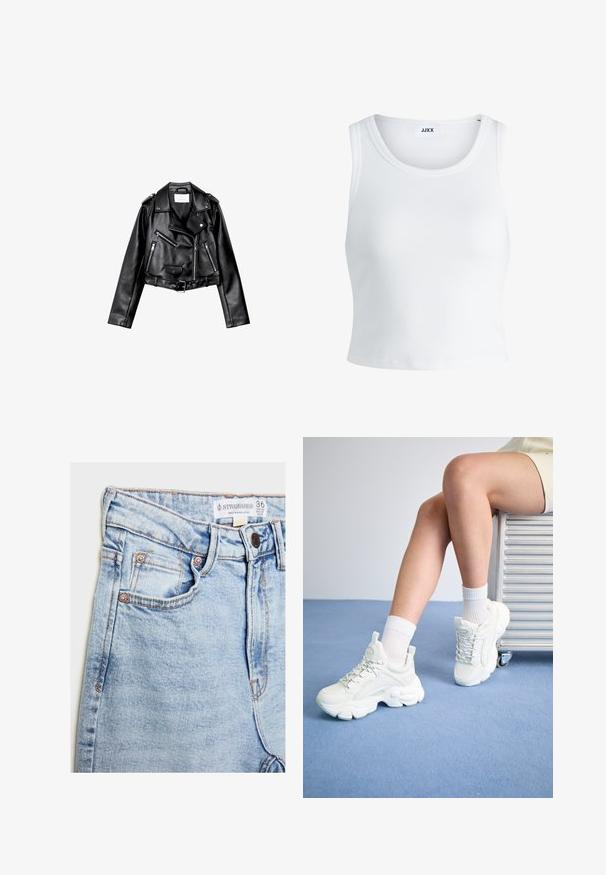 Črna usnjena motoristična jakna s krojem do pasu, z asimetričnim sprednjim zadrgo, sponkami in štirimi zadrgami. Ima nastavljiv pas na v pasu.; Bela rebrasta majica brez rokavov z okroglim izrezom in krajšo dolžino. Oznaka navaja "JJXX." Gladka tekstura tkanine.; Svetlo modri jeans z visokim pasom, petimi žepi, trdnim kovinskim dodatkom v bakreni barvi in subtilnim bledenjem, z oznako na pasu.; Bele čipkaste športne superge s masivnim podplatom, izdelane iz gladkega sintetičnega materiala, z teksturiranimi detajli in zanko na peti.