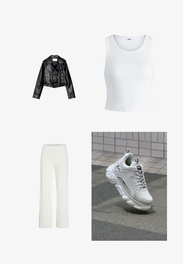 Mustat lyhythihaiset nahkatakit, joissa on epäsymmetrinen etuvetoketju, napit ja neljä vetoketjua. Varustettu säädettävällä vyöllä vyötäröllä.; Valkoinen ribbattu hihaton toppi, jossa on pyöreä pääntie ja lyhyt malli. Tunnuslukuna lukee "JJXX". Sujuva kangas.; Valkoiset, ribattu neulehousut, joissa on leveä lahkeiden muotoilu ja joustava vyötärö, näyttäen vaakasuoria raitoja tekstuurin ja yksityiskohtien vuoksi.; Valkoiset tennarit, joissa on verkko- ja nahkamateriaaleja, pyöreä kärki, paksu pohja, erottuvat nauhat sekä brändäys kantapäässä ja kielessä.