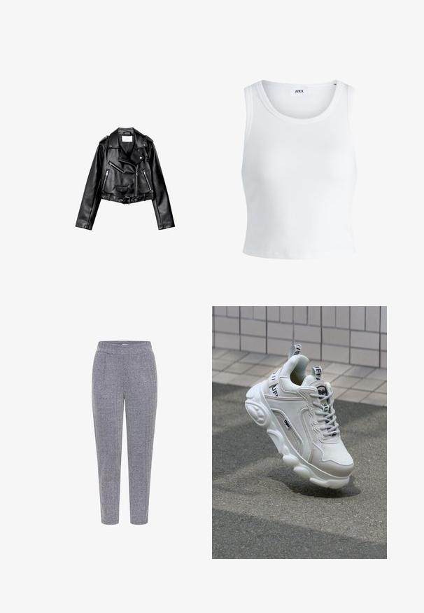 Črna usnjena motoristična jakna s krojem do pasu, z asimetričnim sprednjim zadrgo, sponkami in štirimi zadrgami. Ima nastavljiv pas na v pasu.; Bela rebrasta majica brez rokavov z okroglim izrezom in krajšo dolžino. Oznaka navaja "JJXX." Gladka tekstura tkanine.; Hlače v vzorcu houndstooth v mornarsko modri in beli barvi, z teksturirano tkanino, elastičnim pasom in oblikovanjem noge v tapered stilu.; Bela superga z mrežastim in usnjenim materialom, zaobljenim nosom, debelim podplatom, opaznimi vezalkami ter blagovno znamko na peti in jeziku.