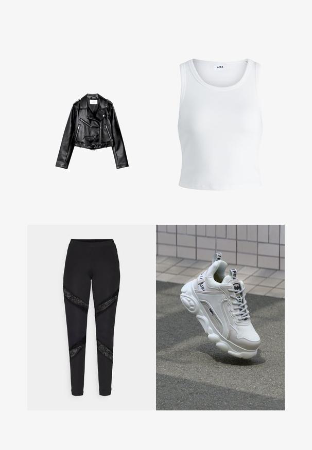 Črna usnjena motoristična jakna s krojem do pasu, z asimetričnim sprednjim zadrgo, sponkami in štirimi zadrgami. Ima nastavljiv pas na v pasu.; Bela rebrasta majica brez rokavov z okroglim izrezom in krajšo dolžino. Oznaka navaja "JJXX." Gladka tekstura tkanine.; Črne legice z trikotnimi izrezi, okrašenimi z črno čipko na straneh, izdelane iz raztegljive tkanine z oprijetim dizajnom.; Bela superga z mrežastim in usnjenim materialom, zaobljenim nosom, debelim podplatom, opaznimi vezalkami ter blagovno znamko na peti in jeziku.