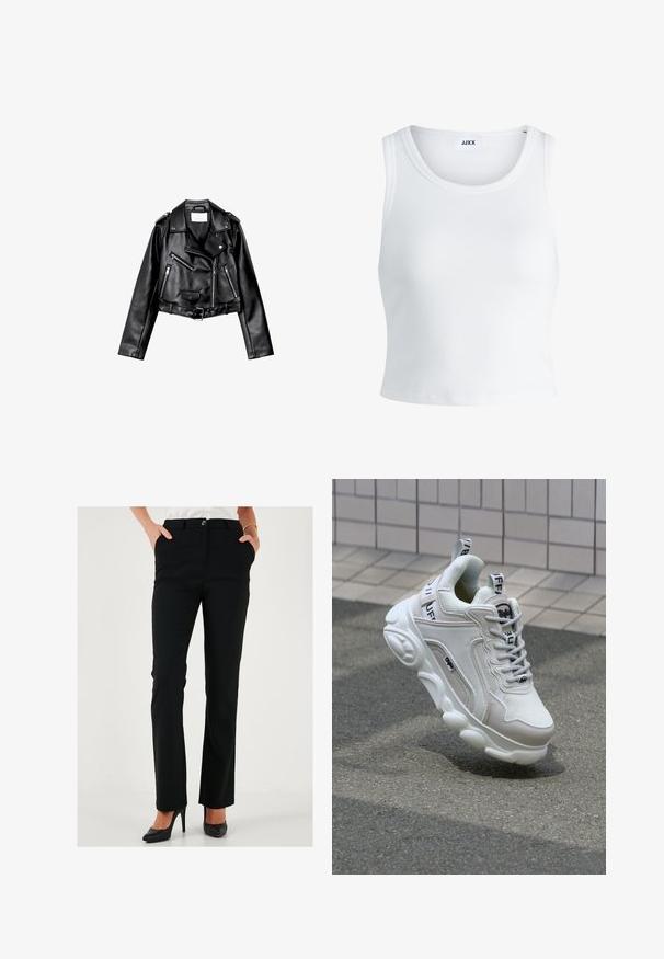Czarna, krótka skórzana kurtka motocyklowa z asymetrycznym zamkiem błyskawicznym z przodu, zatrzaskami i czterema zamkami. Posiada regulowany pasek w talii.; Biały prążkowany top na ramiączkach z okrągłym dekoltem, bez rękawów i skróconej długości. Metka z napisem "JJXX." Gładka faktura materiału.; Czarne dopasowane spodnie z prostymi nogawkami, z zapięciem na guzik i bocznymi kieszeniami, wykonane z gładkiego materiału.; Białe trampki wykonane z siateczki i skóry, z zaokrąglonym noskiem, grubą podeszwą, wyraźnymi sznurowadłami oraz logotypem na pięcie i języku.
