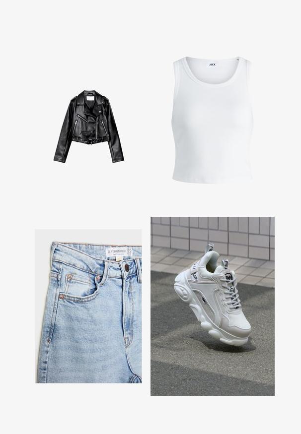 Czarna, krótka skórzana kurtka motocyklowa z asymetrycznym zamkiem błyskawicznym z przodu, zatrzaskami i czterema zamkami. Posiada regulowany pasek w talii.; Biały prążkowany top na ramiączkach z okrągłym dekoltem, bez rękawów i skróconej długości. Metka z napisem "JJXX." Gładka faktura materiału.; Jasnoniebieskie dżinsy o wysokim stanie, z pięcioma kieszeniami, miedziowanymi detalami i subtelnym wyblaknięciem, z metką na pasku.; Białe trampki wykonane z siateczki i skóry, z zaokrąglonym noskiem, grubą podeszwą, wyraźnymi sznurowadłami oraz logotypem na pięcie i języku.