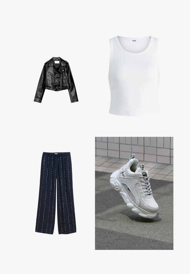 Schwarze, kurze Leder-Bikerjacke mit asymmetrischem Frontreißverschluss, Druckknöpfen und vier Reißverschlüssen. Mit einem verstellbaren Gürtel in der Taille.; Weißes, geripptes Tanktop mit rundem Halsausschnitt, ärmellosem Design und kurzer Länge. Das Etikett trägt die Aufschrift "JJXX". Glatte Stoffstruktur.; Marinefarbene weit geschnittene Hose mit einem Kordelzugbund, ausgestattet mit einer glatten Textur und einem vertikal angeordneten weißen Punktmuster.; Weißer Sneaker aus Mesh- und Ledermaterialien, mit rundem Zehenbereich, dicker Sohle, auffälligen Schnürsenkeln sowie Branding an der Ferse und der Zunge.