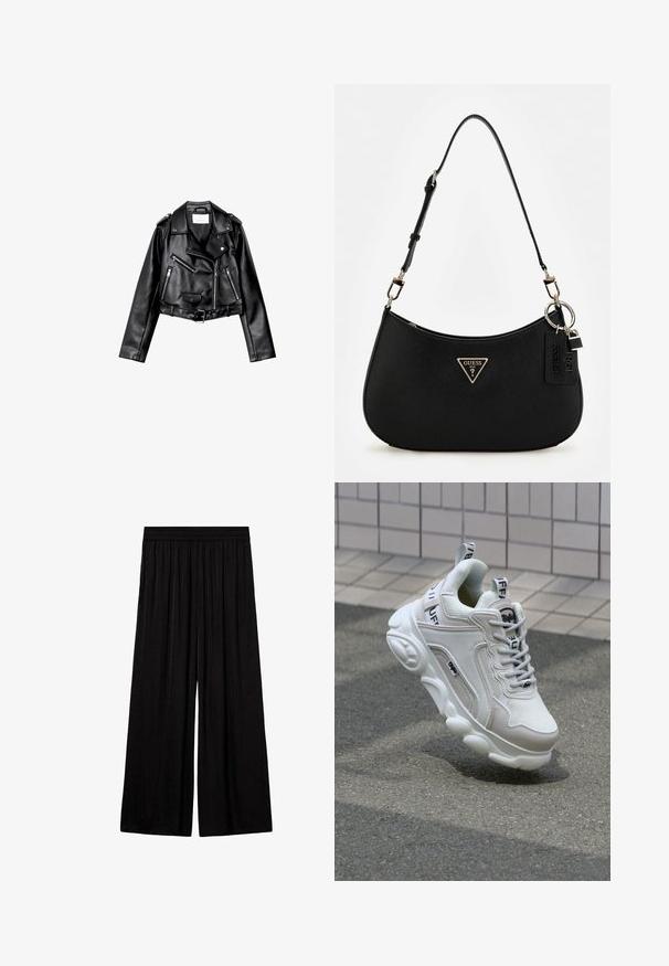 Črna usnjena motoristična jakna s krojem do pasu, z asimetričnim sprednjim zadrgo, sponkami in štirimi zadrgami. Ima nastavljiv pas na v pasu.; Bela rebrasta majica brez rokavov z okroglim izrezom in krajšo dolžino. Oznaka navaja "JJXX." Gladka tekstura tkanine.; Mango Hlače - black; Bela superga z mrežastim in usnjenim materialom, zaobljenim nosom, debelim podplatom, opaznimi vezalkami ter blagovno znamko na peti in jeziku.; Črna sintetična torba za ramo s ukrivljeno silhueto, teksturirano površino, zlatim trikotnim logotipom in odstranljivimi dodatki.