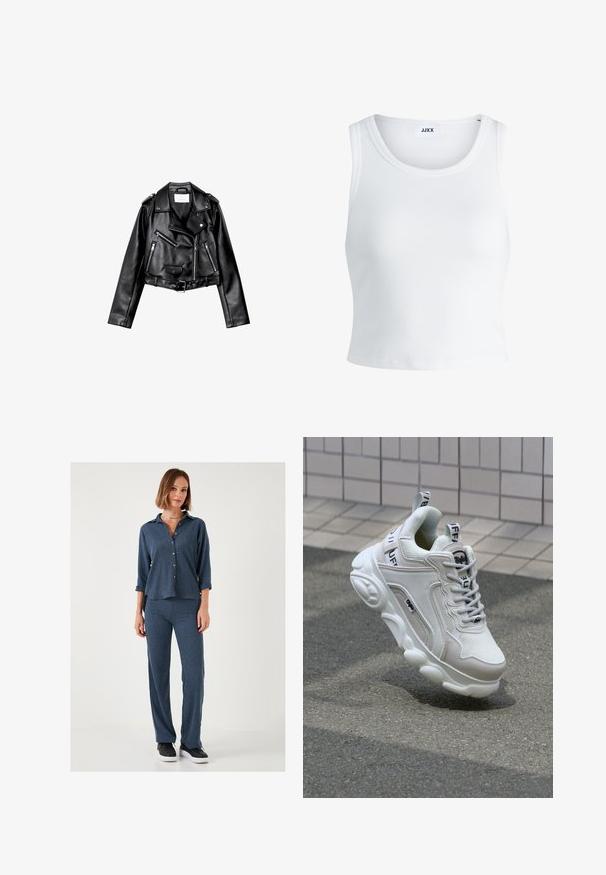 Čierna skrátená kožená motorkárska bunda s asymetrickým predným zipsom, cvokmi a štyrmi zipsami. Obsahuje nastaviteľný opasok v oblasti pásu.; Biely rebrovaný tielko s okrúhlym výstrihom, bez rukávov a krátkou dĺžkou. Štítok znie "JJXX." Hladká textúra látky.; Dvojdielny outfit obsahujúci textúrovanú tmavomodrú košeľu na gombíky s vyhrnutými rukávmi a zodpovedajúce priliehavé nohavice. Čierne tenisky dotvárajú vzhľad.; Biele tenisky s materiálmi z textilu a kože, okrúhla špička, hrubá podrážka, výrazné šnúrky a značka na päte a jazyku.