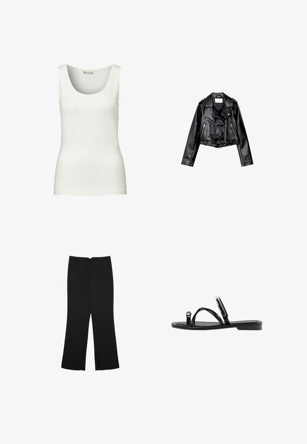 Mustat lyhythihaiset nahkatakit, joissa on epäsymmetrinen etuvetoketju, napit ja neljä vetoketjua. Varustettu säädettävällä vyöllä vyötäröllä.; Valkoinen hihaton toppi, jossa on pyöreä pääntie, valmistettu sileästä puuvillakankaasta, jossa on istuva muoto ja ei näkyviä kuvioita tai koristeita.; Mustat housut suoralinjaisella leikkauksella, joissa on etutaskut ja sivurei'ät helman alla. Valmistettu pehmeästä ja sileästä kankaasta. Sopii eri tilaisuuksiin.; Mustat litteät sandaalit, joissa on kiiltävä pinta, kolme ohutta hihnaa ja pyöreä metalliosuus varpaissa. Tyylikäs muotoilu, jossa on minimaalinen kantapää.