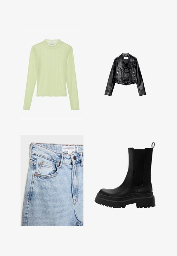 Mustat lyhythihaiset nahkatakit, joissa on epäsymmetrinen etuvetoketju, napit ja neljä vetoketjua. Varustettu säädettävällä vyöllä vyötäröllä.; Pitkähihaista puseroa vaaleanvihreästä, teksturoidusta kankaasta, jossa on mock neck ja aaltoileva kuosi. Kapea muotoilu ja lyhennetty malli, jossa on aaltoileva helma.; Vaaleansiniset farkut, joissa on korkea vyötärö, viisi taskua, kuparinväriset yksityiskohdat ja hienovarainen kuluminen, vyötäröllä oleva etiketti.; Mustat nahkaiset Chelsea-kengät, joissa on joustavat sivupaneelit, paksu kumipohja ja pyöristetty kärki. Rakeinen ja tasainen pinta.