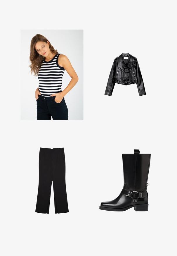 Black cropped leather biker jacket with asymmetric front zip, snap buttons, and four zippers. Features an adjustable belt at the waist.; Striped tank top with black and white horizontal stripes, ribbed texture, and black trim at the neckline, paired with dark pants.; Black trousers with a straight fit, featuring front pockets and side slits at the hem. Made of soft, smooth fabric. Suitable for various occasions.; Black leather knee-high boot with a pointed toe, silver buckle accents, and a chunky heel. Features a pull tab for easy wear.
