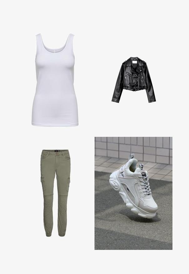 Schwarze, kurze Leder-Bikerjacke mit asymmetrischem Frontreißverschluss, Druckknöpfen und vier Reißverschlüssen. Mit einem verstellbaren Gürtel in der Taille.; Weißes Tanktop aus weichem Stoff, mit Rundhalsausschnitt, slim fit und ohne sichtbare Muster oder Akzente.; Olivgrüne Cargo-Hosen aus strapazierfähigem Baumwollgemisch mit schmalen Bündchen, mehreren Taschen und Kniefalten für zusätzliche Bewegungsfreiheit.; Weißer Sneaker aus Mesh- und Ledermaterialien, mit rundem Zehenbereich, dicker Sohle, auffälligen Schnürsenkeln sowie Branding an der Ferse und der Zunge.