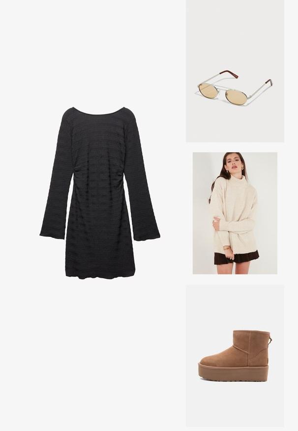 Schwarze, kurze Leder-Bikerjacke mit asymmetrischem Frontreißverschluss, Druckknöpfen und vier Reißverschlüssen. Mit einem verstellbaren Gürtel in der Taille.; Beige Pullover mit hohem Kragen, gerippten Bündchen und Saum. Übergröße mit weichem Material. Kombiniert mit einem braunen Rock.; Schwarzes Kleid mit langen Glockenärmeln, strukturiertem Stoff mit horizontalen Streifen, rundem Ausschnitt und gerafften Seitendetails.; Beige Wildleder-Ankle-Boot mit Plateausohle, abgerundetem Zehenbereich und abgesteppten Akzenten; verfügt über eine Zuglasche hinten für einfaches An- und Ausziehen.; Metallsonnenbrille mit ovalen, hellbraun getönten Gläsern. Schlanker silberner Rahmen mit strukturierten Akzenten und rötlich-braunen Spitzen an den Bügeln.