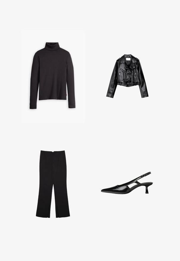 Čierna skrátená kožená motorkárska bunda s asymetrickým predným zipsom, cvokmi a štyrmi zipsami. Obsahuje nastaviteľný opasok v oblasti pásu.; Čierny rebrovaný rolák s dlhými rukávmi a priliehavým strihom. Jemná textúra, jemný elastik a štítok na spodnej strane.; Čierne nohavice so strihom rovného strihu, s prednými vreckami a bočnými rozparkami na leme. Vyrobené z mäkkej, hladkej tkaniny. Vhodné na rôzne príležitosti.; Čierne lakované kožené lodičky na podpätku s špicatou špičkou, výrezovým dizajnom na boku a malým štvorcovým podpätkom. Hladký povrch s minimálnymi akcentmi.