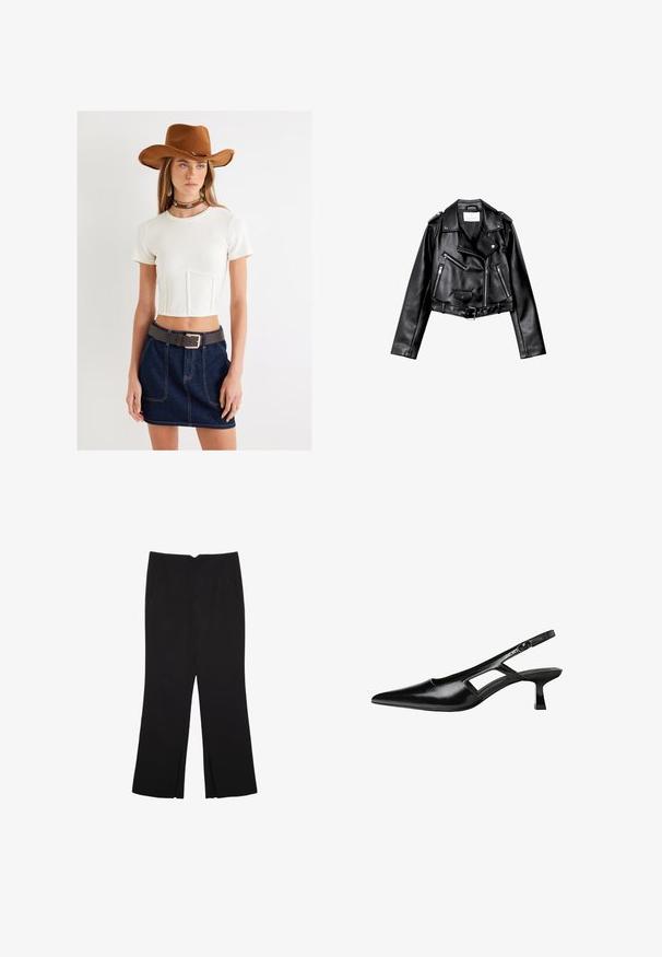 Mustat lyhythihaiset nahkatakit, joissa on epäsymmetrinen etuvetoketju, napit ja neljä vetoketjua. Varustettu säädettävällä vyöllä vyötäröllä.; Valkoinen lyhythihainen crop-top, tumma sininen farkkuhame, harmaa vyö, ruskea huopahat ja turkoosiväriset yksityiskohdat sisältävä kaulaketju.; Mustat housut suoralinjaisella leikkauksella, joissa on etutaskut ja sivurei'ät helman alla. Valmistettu pehmeästä ja sileästä kankaasta. Sopii eri tilaisuuksiin.; Mustat lakatut nahkakengät, joissa on viistopää, leikattu sivusuunnassa ja pieni neliökoroke. Sujuva pinta, jossa on minimaalinen koristelu.
