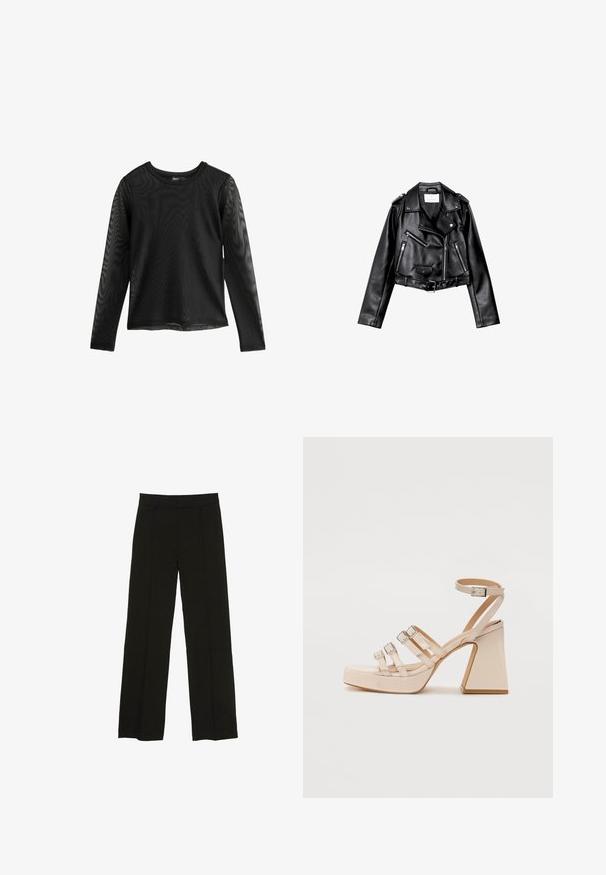 Schwarze, kurze Leder-Bikerjacke mit asymmetrischem Frontreißverschluss, Druckknöpfen und vier Reißverschlüssen. Mit einem verstellbaren Gürtel in der Taille.; Schwarzes Langarmshirt aus transparentem Mesh-Stoff, mit Rundhalsausschnitt und leicht lockerer Passform, mit genähten Nähten und geradem Saum.; Schwarze weit geschnittene Hosen aus glattem Stoff, ausgestattet mit einem taillierten Bund und dezenten vorderen Falten für zusätzliche Struktur.; Beige Plattform-Sandalen mit drei verstellbaren Riemen und Knöchel-Schnalle. Glänzende Oberfläche, quadratischer Absatz und glatte Textur.