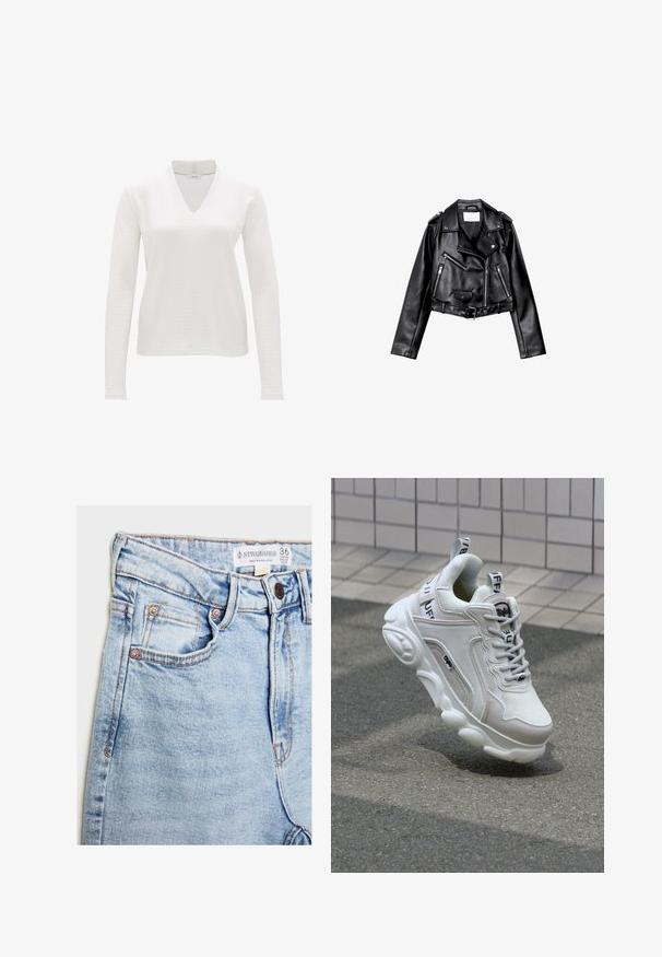 Schwarze, kurze Leder-Bikerjacke mit asymmetrischem Frontreißverschluss, Druckknöpfen und vier Reißverschlüssen. Mit einem verstellbaren Gürtel in der Taille.; Weißes, langärmliges V-Ausschnitt-Oberteil aus einem strukturierten Stoff. Einfaches Design, leicht und aus einem leicht dehnbaren Material mit lockerer Passform.; Helle blaue Jeans mit hoher Taille, fünf Taschen, Hardware in Kupferoptik und dezentem Ausbleichen, mit einem Etikett am Bund.; Weißer Sneaker aus Mesh- und Ledermaterialien, mit rundem Zehenbereich, dicker Sohle, auffälligen Schnürsenkeln sowie Branding an der Ferse und der Zunge.