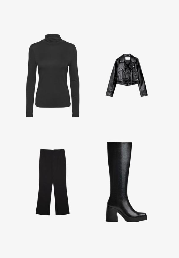Crna skratena kožna moto jakna s asimetričnim prednjim zatvaračem, s gumbima na dugmad i četiri patentna zatvarača. Sadrži podesivi pojas u struku.; Crna majica s dugim rukavima i rolkom, izrađena od glatkog, elastičnog materijala. Ima uski kroj i klasičnu visoku kragnu.; Crne hlače ravnog kroja, s prednjim džepovima i bočnim prorezima na rubu. Izrađene od mekog i glatkog materijala. Pogodne za razne prigode.; Crna čizma do koljena izrađena od teksturiranog sintetičkog materijala, s četvrtastim vrhom, debelim visokim potplatom i glatkom, sjajnom površinom.