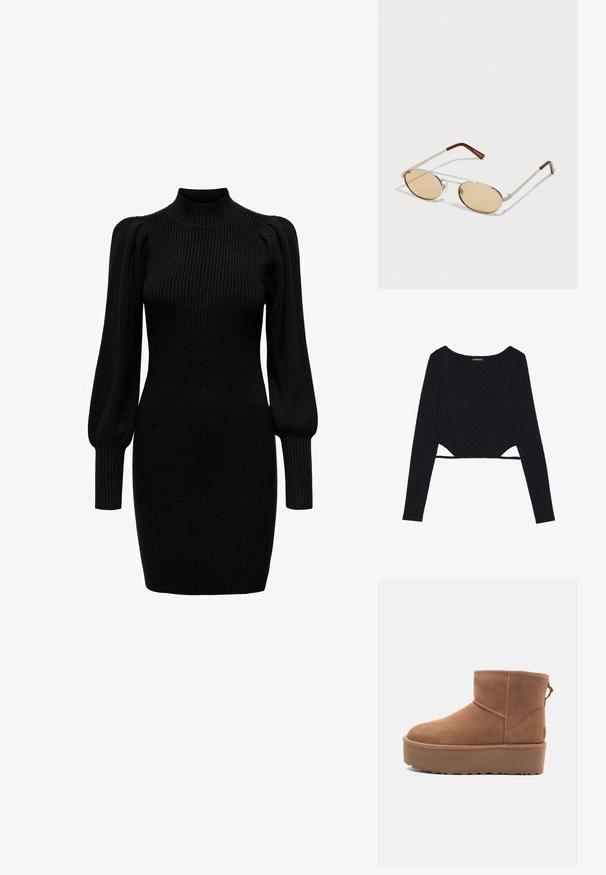 Crna skratena kožna moto jakna s asimetričnim prednjim zatvaračem, s gumbima na dugmad i četiri patentna zatvarača. Sadrži podesivi pojas u struku.; Crni skraćeni pamučni dugih rukava sa teksturiranim heksagonalnim uzorkom, izrezanim okruglim izrezom i izrezima na rubu. Mekana, rastezljiva tkanina.; Crna pletena haljina s visokim ovratnikom, dugim napuhanim rukavima i rebrastom teksturom. Oblik koji se prilagođava tijelu, doseže do sredine bedra. Bez vidljivih uzoraka ili akcenata.; Svijetlosmeđi antilop čizmice do članka s platformom, okruglim vrhom i ukrasnim šavovima; ima petnu traku za lakše obuvanje.; Metalne sunčane naočale s ovalnim, svjetlosmešim lećama. Tanjurasti srebrni okvir s teksturiranim detaljima i crvenkasto-smešnim vrhovima na drškama.