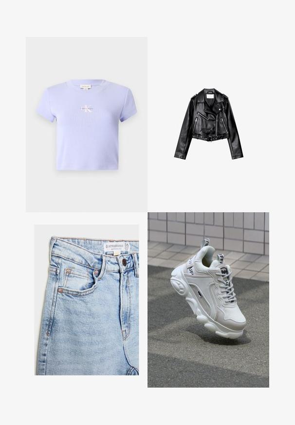 Černá zkrácená kožená motorkářská bunda s asymetrickým předním zipem, patentkami a čtyřmi zipy. Obsahuje nastavitelné pásmo v pase.; Světle fialové žebrové krátké triko s kulatým výstřihem a krátkými rukávy. Na přední straně je malé bílé logo Calvin Klein.; Světle modré džíny z denimu s vysokým pasem, pěti kapsami, hardwarem v měděném tónu a jemným vyblednutím, s etiketou na pásku.; Bílé tenisky vyrobené z textilního a koženého materiálu, s kulatou špičkou, silnou podrážkou, výraznými šňůrkami a logem na patě a jazyku.