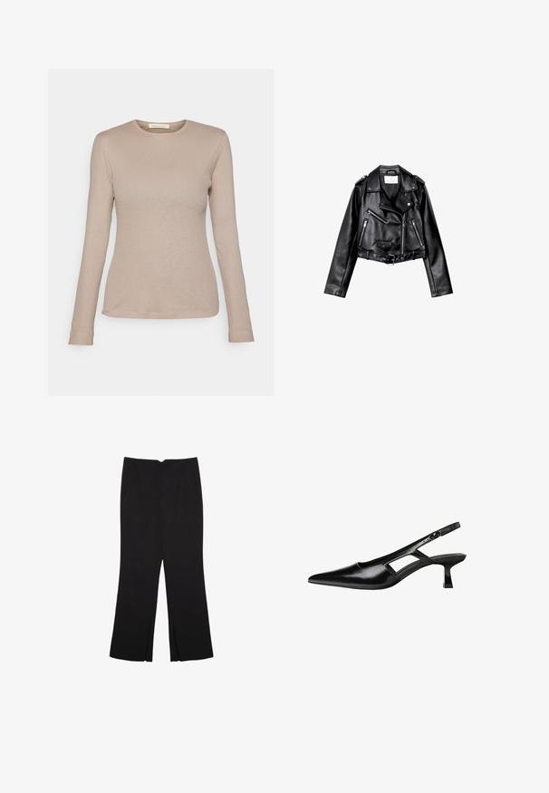 Svart kort läder motorcykeljacka med asymmetrisk frontdragkedja, tryckknappar och fyra dragkedjor. Har ett justerbart bälte i midjan.; Beige långärmad ribbad topp med rund halsringning och figurnära passform. Har en liten tygetikett vid fållen, tillverkad av ett mjukt textilmaterial.; Svarta byxor med rak passform, utrustade med framfickor och sidoklyvningar vid fållen. Tillverkade av mjukt, slätt tyg. Lämpliga för olika tillfällen.; Svart lackläder slingback-klackar med spetsig tå, utskuren sidor och en liten fyrkantig klack. Slät textur med minimala accenter.