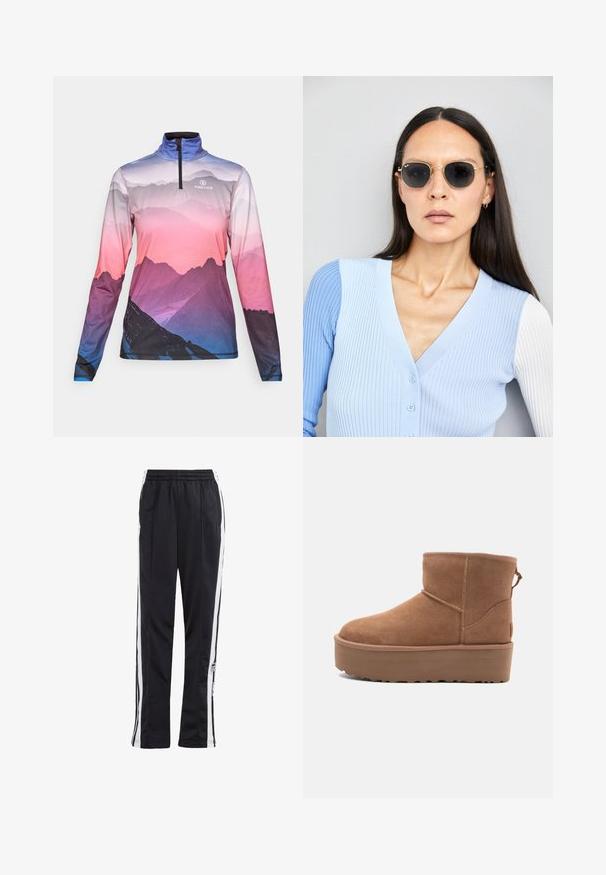 Schwarze, kurze Leder-Bikerjacke mit asymmetrischem Frontreißverschluss, Druckknöpfen und vier Reißverschlüssen. Mit einem verstellbaren Gürtel in der Taille.; Langärmliges Zip-Up-Oberteil mit einem Berglandschaftsprint in lila, rosa und blauen Farbtönen, mit "FIRE+ICE"-Logo auf der Brust.; Schwarze Jogginghose mit weißen Seitenstreifen, elastischem Bund und einem Logo-Patch. Hergestellt aus glattem, leichtem Stoff. Gerades Bein-Design.; Beige Wildleder-Ankle-Boot mit Plateausohle, abgerundetem Zehenbereich und abgesteppten Akzenten; verfügt über eine Zuglasche hinten für einfaches An- und Ausziehen.; Runde Sonnenbrillen mit dunklen Gläsern und goldenen Rahmen. Das Modell trägt eine hellblaue, gerippte Strickjacke mit Knöpfen und weißen Kontrastärmeln.; Braune Leder-Crossbody-Tasche mit Logo-Muster, goldener Kettenriemen, Reißverschlussverschluss und goldenen Hardware-Details. Kompakte und rechteckige Form.