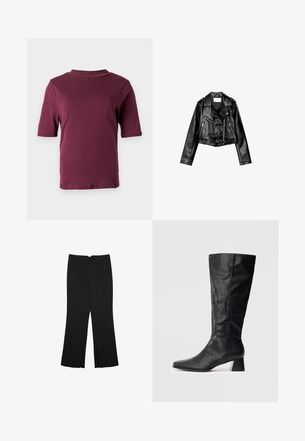 Black cropped leather biker jacket with asymmetric front zip, snap buttons, and four zippers. Features an adjustable belt at the waist.; Short-sleeve maroon t-shirt with a mock neck collar, displayed against a plain white background.; Black trousers with a straight fit, featuring front pockets and side slits at the hem. Made of soft, smooth fabric. Suitable for various occasions.; Black mid-calf leather boot with pointed toe and block heel on plain light background.
