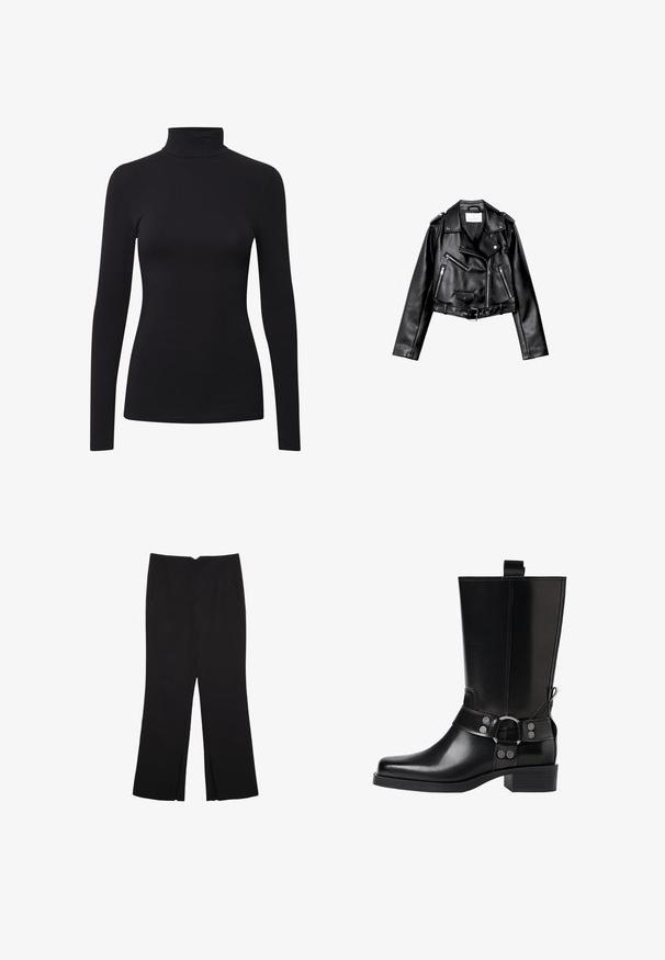 Crna skratena kožna moto jakna s asimetričnim prednjim zatvaračem, s gumbima na dugmad i četiri patentna zatvarača. Sadrži podesivi pojas u struku.; Crna majica s dugim rukavima i visokim ovratnikom, izrađena od mekane, fleksibilne tkanine, s uklopljenim dizajnom i bešavnom konstrukcijom za glatki izgled.; Crne hlače ravnog kroja, s prednjim džepovima i bočnim prorezima na rubu. Izrađene od mekog i glatkog materijala. Pogodne za razne prigode.; Crne kožne čizmice do koljena s šiljastim prstima, sličnim srebrnim kopčama i debelim potplatima. Imaju rupicu za lakše oblačenje.