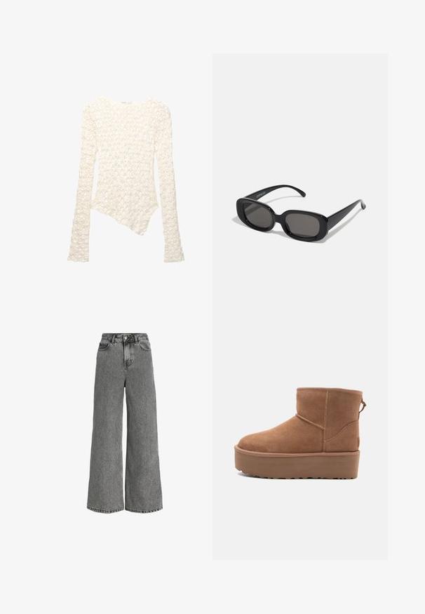 Svart kort läder motorcykeljacka med asymmetrisk frontdragkedja, tryckknappar och fyra dragkedjor. Har ett justerbart bälte i midjan.; Vit långärmad stickad tröja med blommönster och asymmetrisk fåll.; Vida jeans av grå denim med vida ben, hög midja, vanliga fickor och ett subtilt blekt mönster. Oren kant i nederkant.; Tan mockasköna med plattformssula, rund tå och broderade detaljer; har en dragflik baktill för enkel påtagning.; Svarta rektangulära solglasögon med mörka linser. Tjock plastbåge, slät yta och rundade kanter. Stilsäkra skalmar sträcker sig utåt.