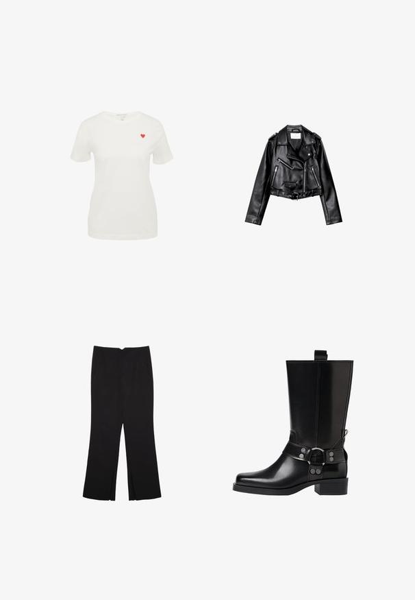 Crna skratena kožna moto jakna s asimetričnim prednjim zatvaračem, s gumbima na dugmad i četiri patentna zatvarača. Sadrži podesivi pojas u struku.; Bijela pamučna majica s kratkim rukavima, okruglim izrezom, koja ima mali crveni srce izvezeno na lijevoj strani prsnog područja.; Crne hlače ravnog kroja, s prednjim džepovima i bočnim prorezima na rubu. Izrađene od mekog i glatkog materijala. Pogodne za razne prigode.; Crne kožne čizmice do koljena s šiljastim prstima, sličnim srebrnim kopčama i debelim potplatima. Imaju rupicu za lakše oblačenje.