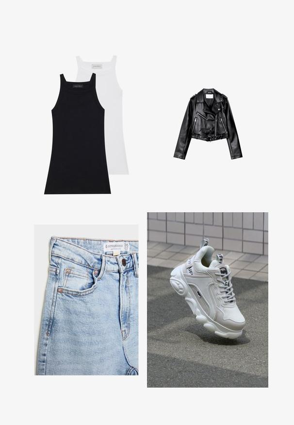 Sort cropped læderbikerjakke med asymmetrisk frontlynlås, trykknapper og fire lynlåse. Har et justerbart bælte i taljen.; To sove tops i sort og hvid. Lavet af blødt, strækbart stof med en ribbet tekstur og et tætsiddende design. Har smalle stropper.; Lyseblå denimjeans med høj talje, fem lommer, hardware i kobberfarve og subtil falming, med et mærke ved taljeopdækningen.; Hvide sneakers med mesh- og lædermaterialer, rund tå, tyk sål, fremtrædende snørebånd og branding på hælen og tungen.
