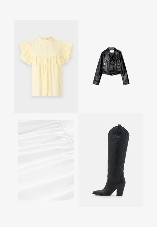 Sort cropped læderbikerjakke med asymmetrisk frontlynlås, trykknapper og fire lynlåse. Har et justerbart bælte i taljen.; Lys gul bluse med høj flæsekrave, korte flæseærmer og en samlet krop med vandrette teksturlinjer.; Hvidt stof med blød drapering og plisseret struktur, der fremviser et glat, let materiale i en ren, skarp præsentation.; Zign Cowboy- / bikerstøvler - black