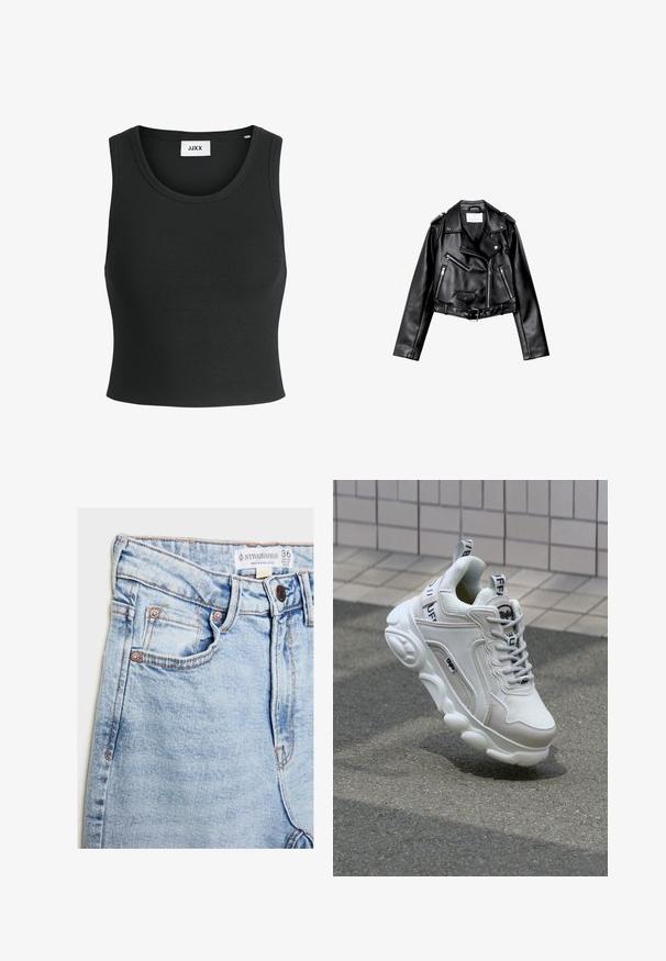 Črna usnjena motoristična jakna s krojem do pasu, z asimetričnim sprednjim zadrgo, sponkami in štirimi zadrgami. Ima nastavljiv pas na v pasu.; Črna rebrasta majica brez rokavov z okroglo izrezom; izdelana iz mehke, raztegljive tkanine za udobje in prileganje.; Svetlo modri jeans z visokim pasom, petimi žepi, trdnim kovinskim dodatkom v bakreni barvi in subtilnim bledenjem, z oznako na pasu.; Bela superga z mrežastim in usnjenim materialom, zaobljenim nosom, debelim podplatom, opaznimi vezalkami ter blagovno znamko na peti in jeziku.