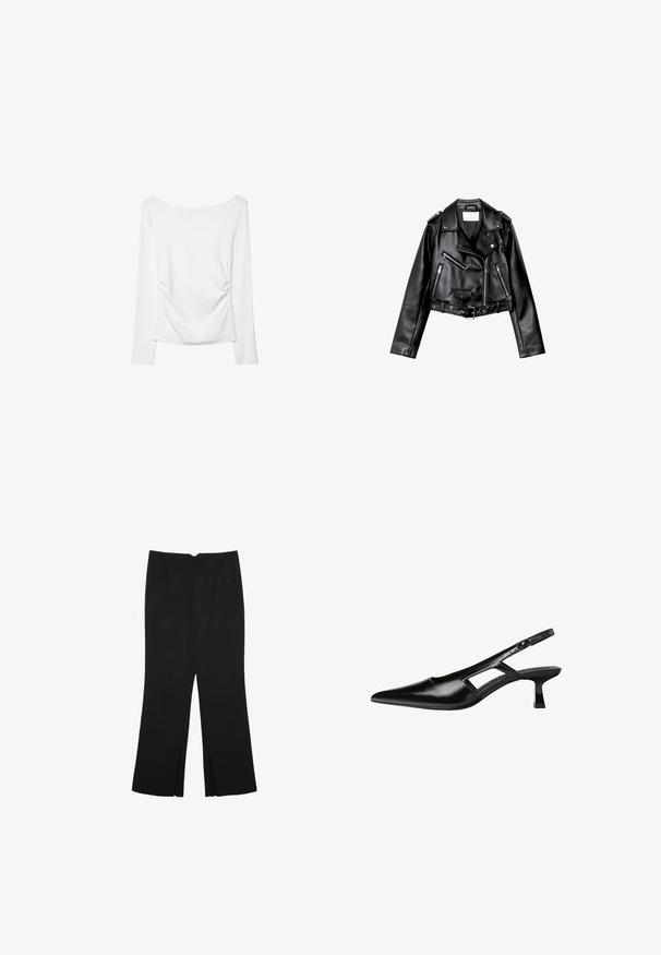 Schwarze, kurze Leder-Bikerjacke mit asymmetrischem Frontreißverschluss, Druckknöpfen und vier Reißverschlüssen. Mit einem verstellbaren Gürtel in der Taille.; Langärmliges weißes Oberteil mit weitem Halsausschnitt und gerafftem Detail im Rücken. Glatte Textur, figurbetonter Schnitt.; Schwarze Hose mit geradem Schnitt, ausgestattet mit Fronttaschen und Seitenschlitzen am Saum. Hergestellt aus weichem, glattem Stoff. Geeignet für verschiedene Anlässe.; Schwarze Lackleder-Slingback-High Heels mit spitzer Zehenform, ausgeschnittenem Seitendesign und kleinem Blockabsatz. Glatte Textur mit minimalen Akzenten.