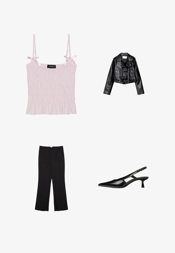 Giacca da moto nera in pelle cropped con zip frontale asimmetrica, bottoni a pressione e quattro zip. Presenta una cintura regolabile in vita.; Top in raso rosa chiaro con spalline regolabili e texture smock, caratterizzato da un orlo arricciato e un'etichetta del marchio al centro.; Pantaloni neri a gamba dritta, con tasche frontali e spacchi laterali all'orlo. Realizzati in tessuto morbido e liscio. Adatti a diverse occasioni.; Tacchi slingback in pelle verniciata nera con punta affusolata, design con tagli laterali e tacco quadrato piccolo. Texture liscia con dettagli minimi.