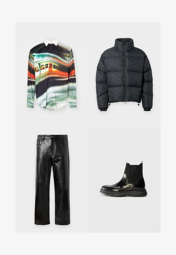 Black puffer jacket featuring quilted design, high collar, front zipper, and elastic cuffs. Smooth texture with a subtle pattern.; Long-sleeve shirt featuring a vibrant, abstract pattern with green, orange, and black hues. Collared design with a smooth, lightweight texture.; Black straight-leg faux leather pants with belt loops, front button, zipper closure, and visible stitching details on knees and pockets.; Black leather Chelsea boots with elastic side panels, a rounded toe, and a textured rubber sole featuring grooves for traction.